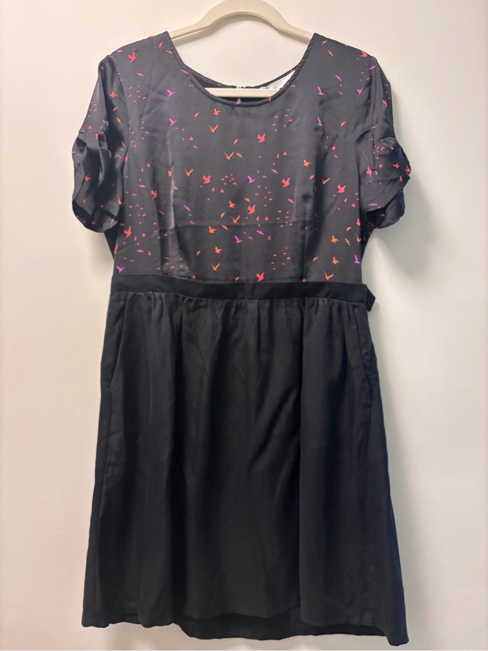 Black Midi Dress with Pink & Orange Bird Print